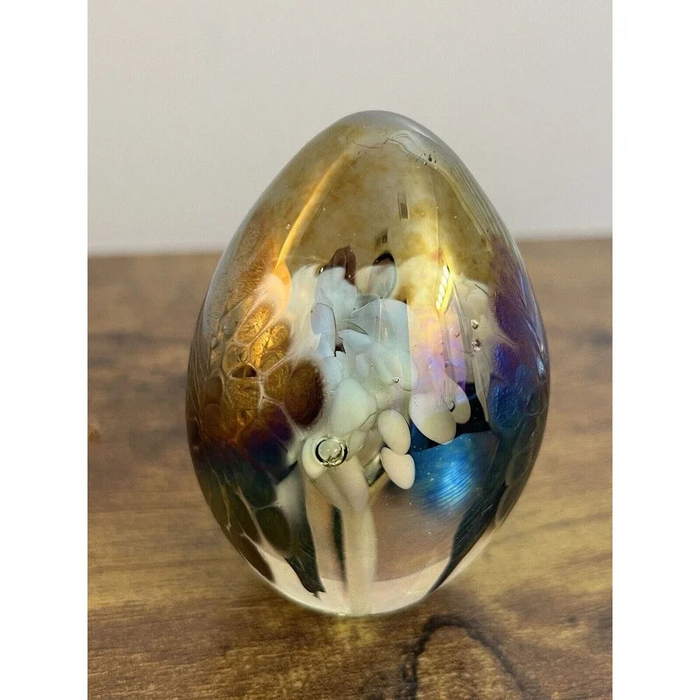 Vintage Metallic Multi Colored Swirl Egg Paperweight White Trumpet Flower